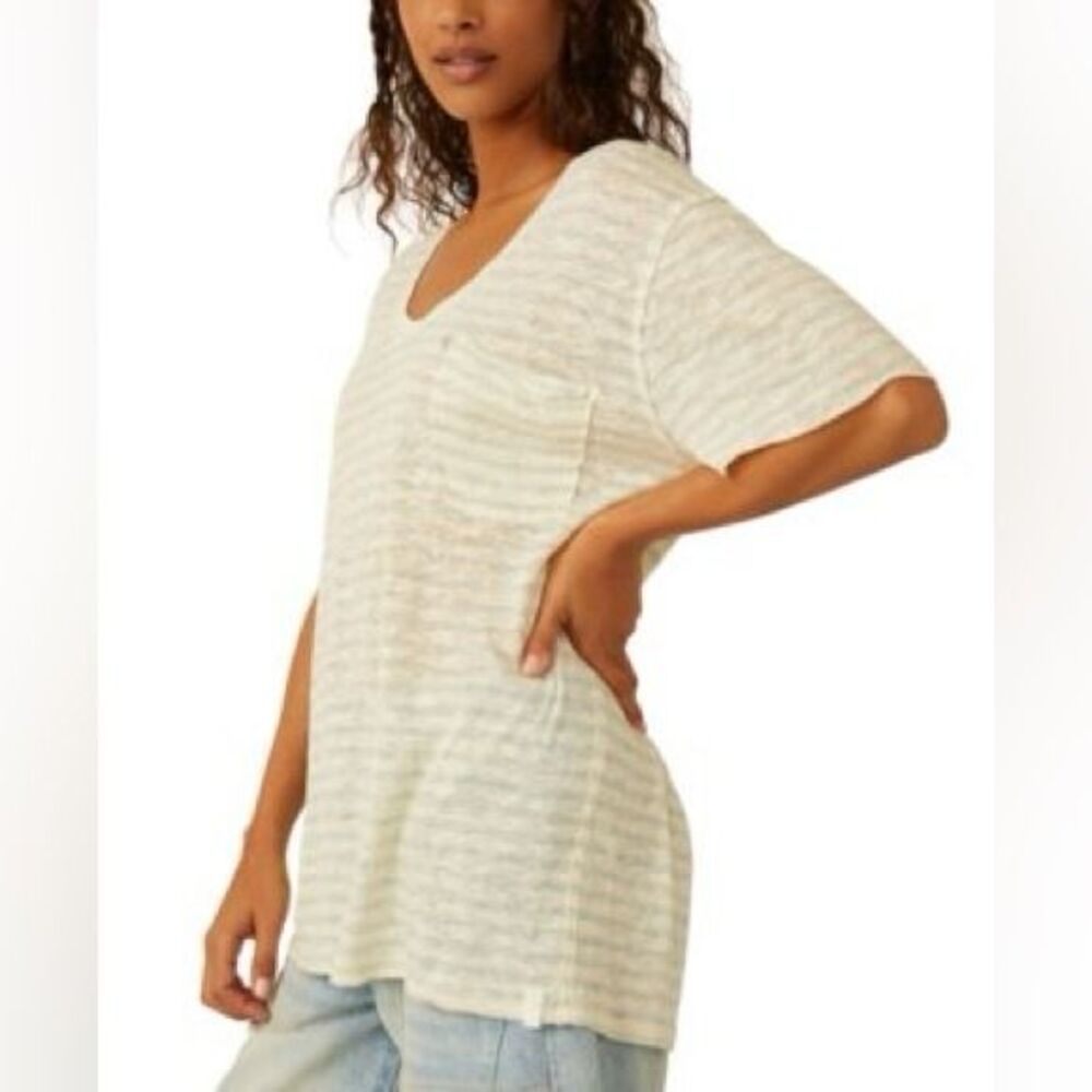 Free People All I Need Striped Short-Sleeve T-Shirt white aqua medium linen - Picture 12 of 12